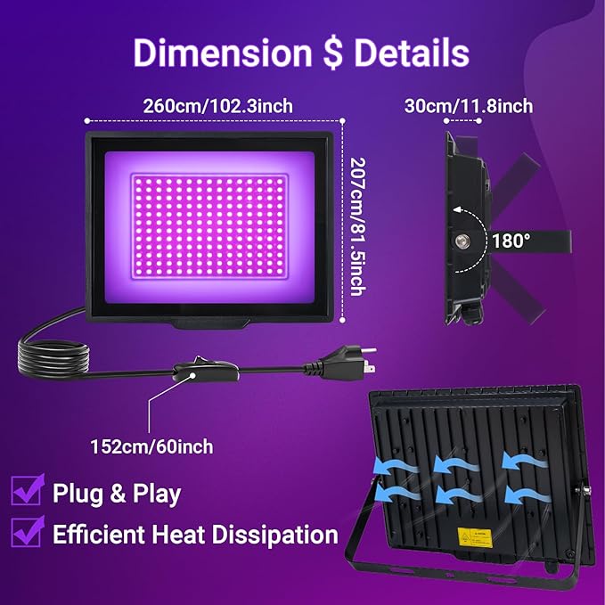 2 Pack 120W LED Black Lights, IP66 Waterproof Blacklight Flood Lights with Plug & Switch, UV Lighting for Halloween Party, Glow in The Dark, Body Paint, Stage & Neon Glow Deco