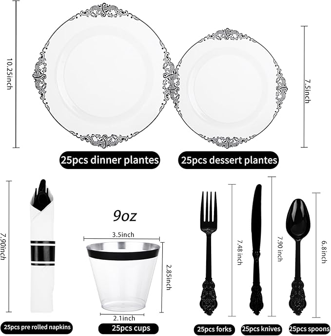 Hioasis 175pcs Clear and Black Plates - Black Party Plates for 25 Guest, Include 50 Heavy-duty Plates(20% Thicker Than Standard), 25 Pre Rolled Gold Plastic Silverware Set, 25 Cups