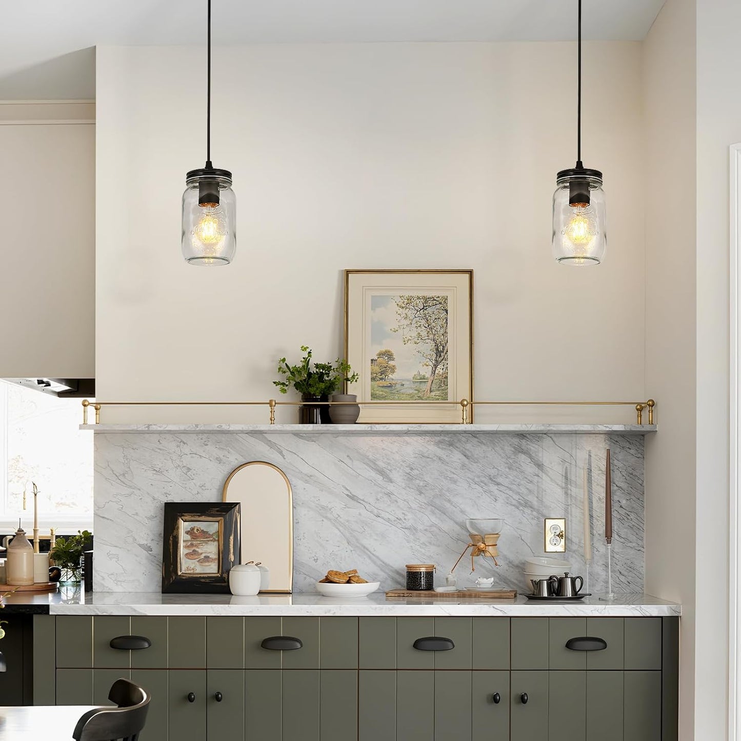 Black Pendant Lights, 2 Pack Clear Glass Pendant Lights Kitchen Island, Farmhouse Mason Jar Pendant Lighting, Mini Hanging Lights for Kitchen Sink Dining Room Bedroom Hallway