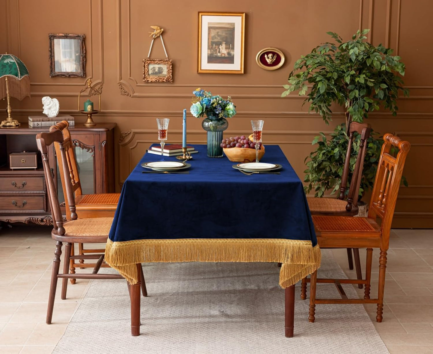 F-CHU Luxury Blue Tablecloth Thickset Velvet Tablecloth with Beautiful Gold Tassels Vintage Table Cloth for Home Decor Wedding, Party, Banquet and Events 60x102-Inch