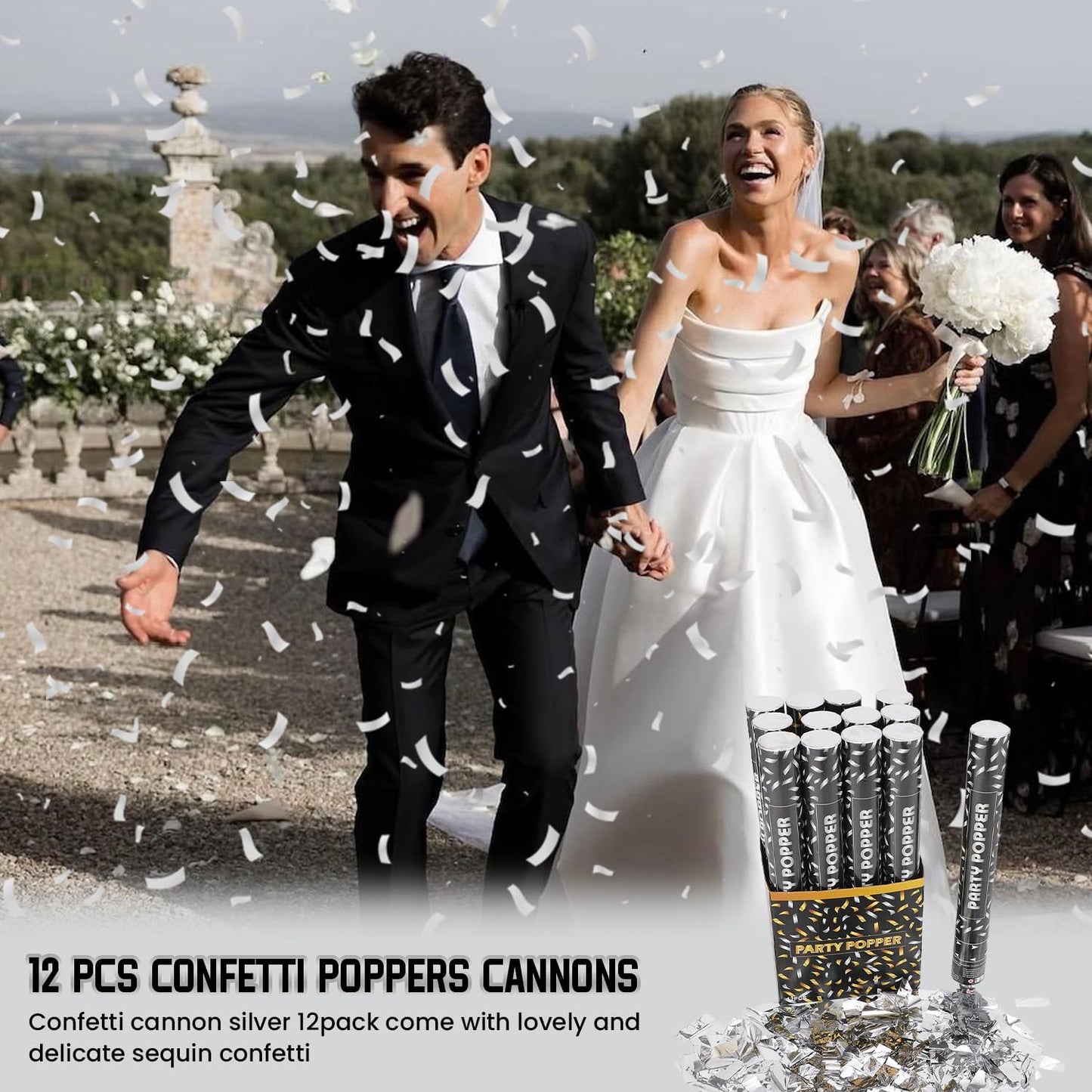 Party Poppers Confetti Cannon 12 Pack Silver Poppers 12 Inch Party Shooters Mylar Confetti Silver Foil Confetti Cannons Bulk for Wedding Birthday Graduation Baby Gender Reveal Christmas New Year