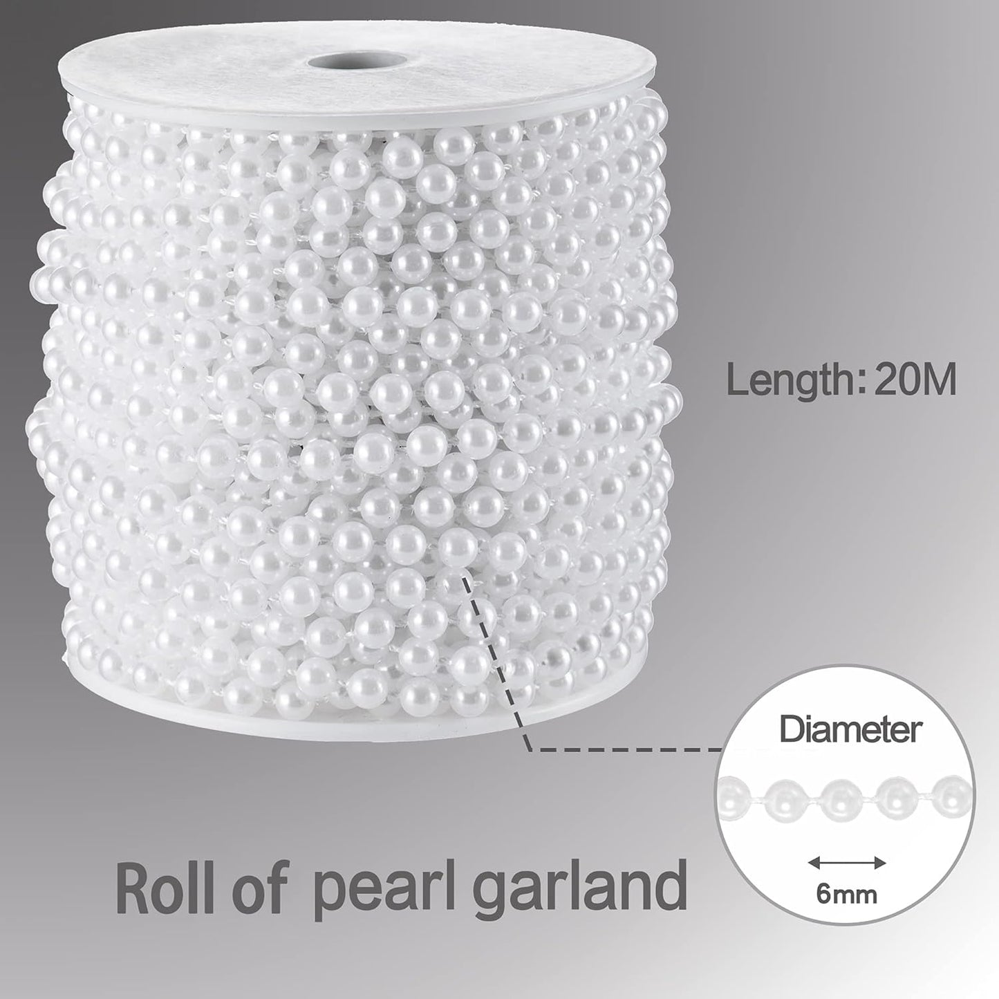 Craft String Pearls 6MM Pearl Bead, 66 Feet White Faux Pearl Garland Spool Roll Strand Wedding Party Decoration, Christmas Tree Decorations