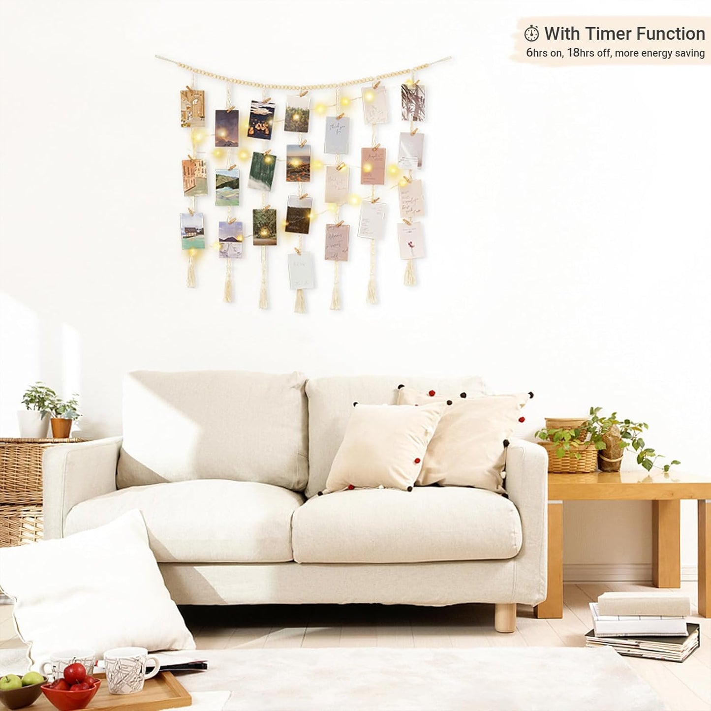 Mkono Macrame Hanging Photo Display Wall Decor with String Lights, Boho Wooden Beads Garland Collage Picture Card Frame Holder with 45 Clips for Bedroom Living Room Dorm, Teen Girls Christmas Gifts