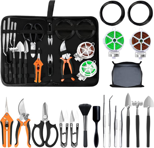 Bonsai Tools Set, 20 Pcs Gardening Succulent Tree Indoor Beginner Tool Kit, Include 262 Feet Bonsai Wire, 29.5"x29.5" Plant Repotting Mat, Leather Bag, Bonsai Scissors, Pruning Shears, Gifts for Women