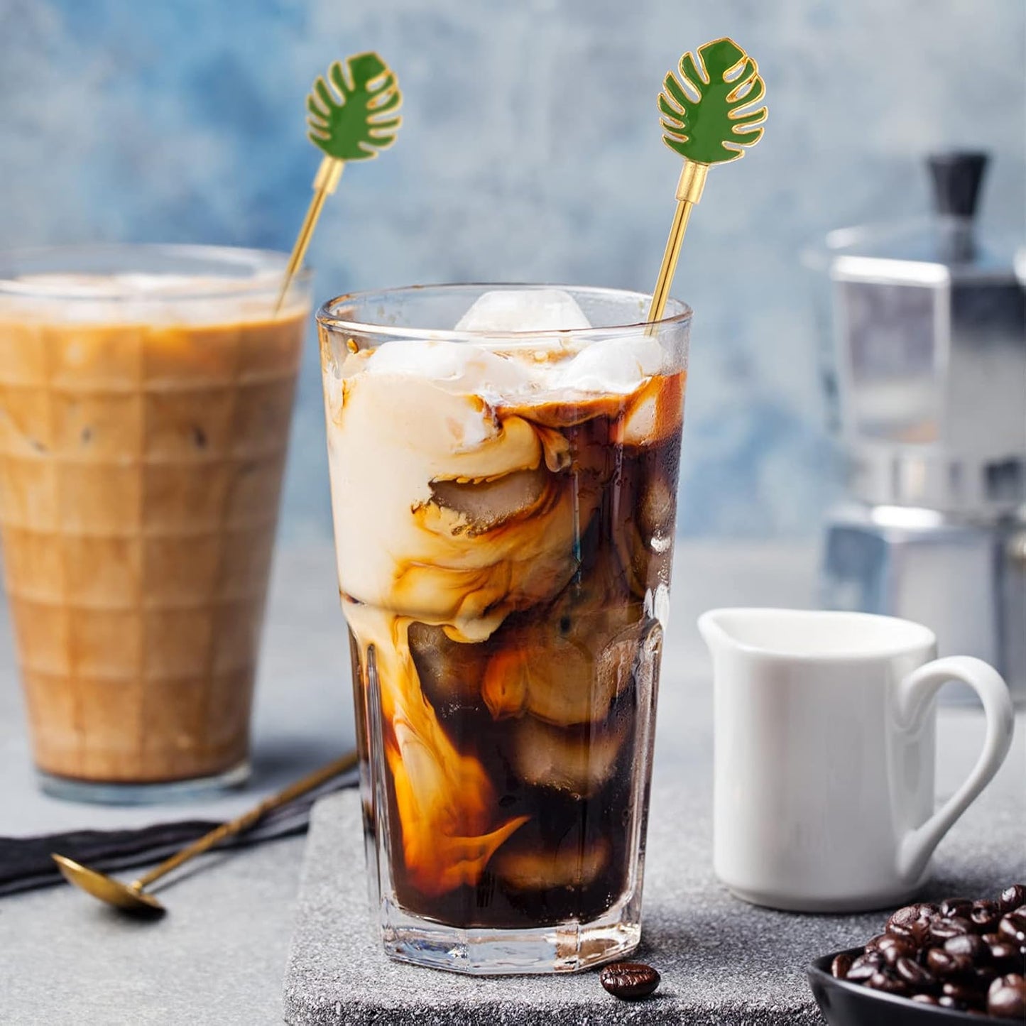 Palm leaf Drink Stirrer Sticks Stainless Steel Coffee Beverage Stirrers，Set of 4 Cocktail Swizzle Stick,7.5", Multicolor