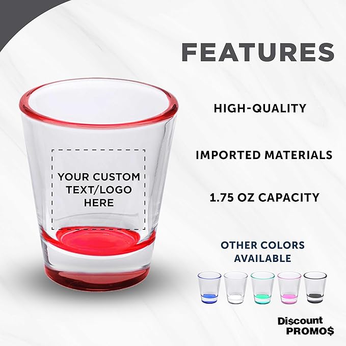 DISCOUNT PROMOS Custom Shot Glasses 1.75 oz. Set of 10/50/100, Personalized Bulk Pack - Great for Wedding Favors, Bachelorette Decorations, Party Favors - Red Bottom Color