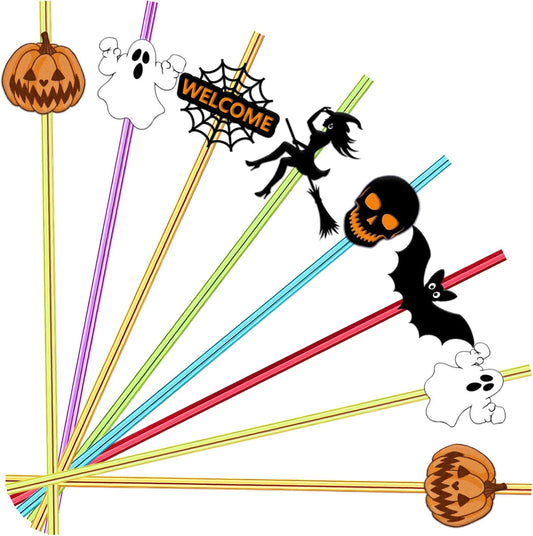 24 Pcs Halloween Party Favors - Reusable Plastic Crazy Straws with Bats, Pumpkin, Witch, Ghost Designs & 2 Cleaning Brushes - 6 Colors