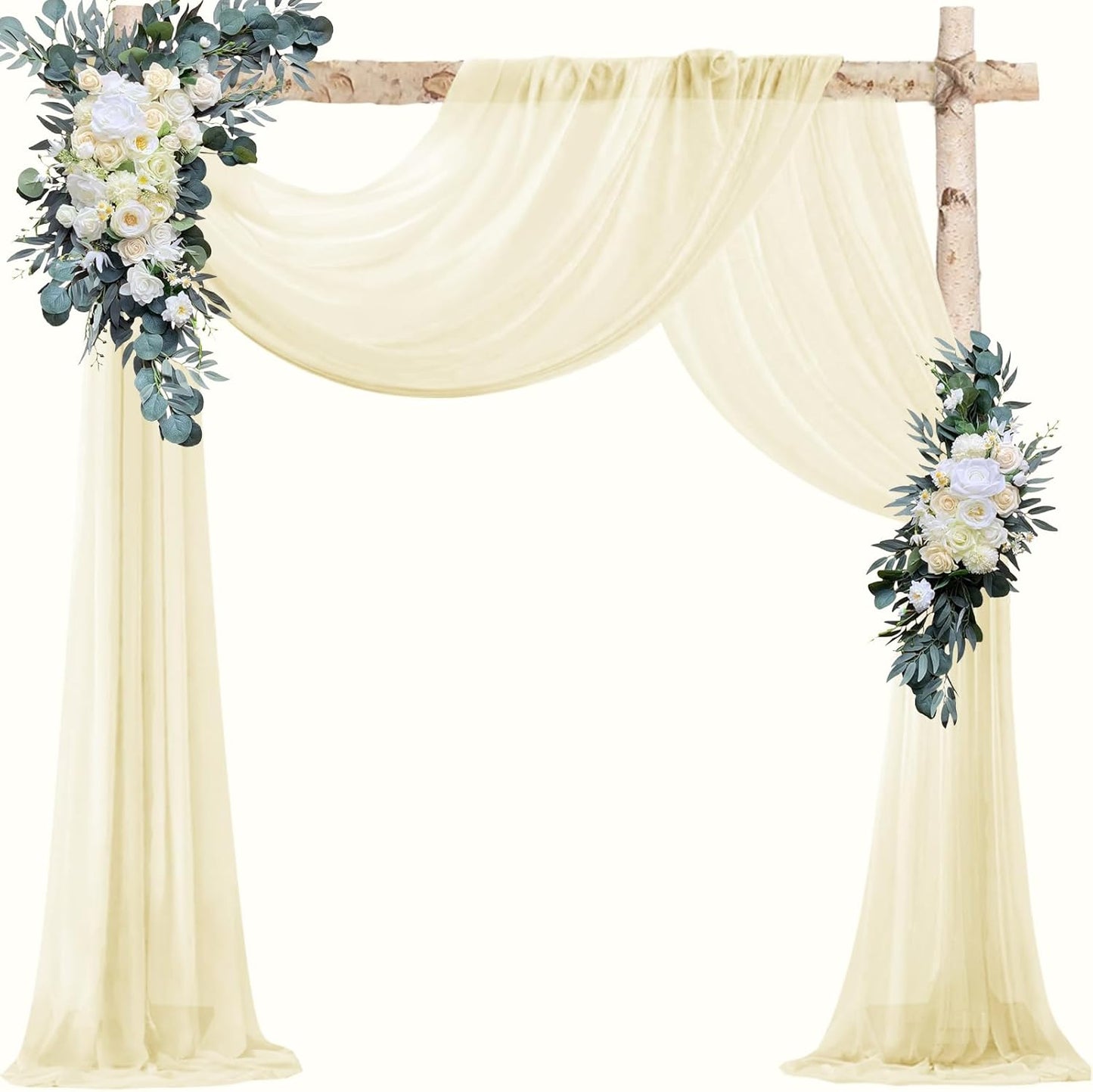 VOK Wedding Arch Draping Fabric Chiffon Curtains, 29in x 18Ft Sheer Chiffon Outdoor Curtain for Wedding Ceremony Birthday Party Decoration (Light Yellow,4 Panel)