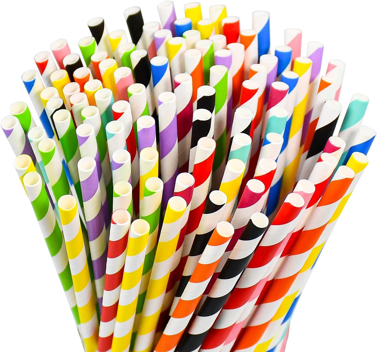 [100 Counts] 7.75 Inch Colorful Striped Disposable Paper Drinking Straws, 10 Assorted Colors, Compostable - for Cocktail, Party, Cake Pops, Crafts