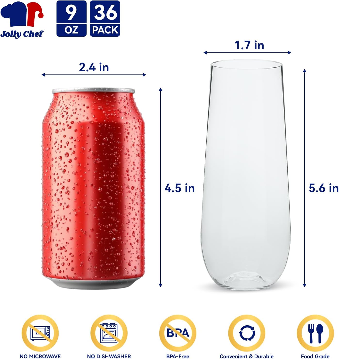 JOLLY CHEF 36 Pack Stemless Plastic Champagne Flutes 9 oz, Crystal Clear Stemless Plastic Toasting Glasses, Clear Disposable Unbreakable Drinkware Ideal for Wedding, Birthday, Party