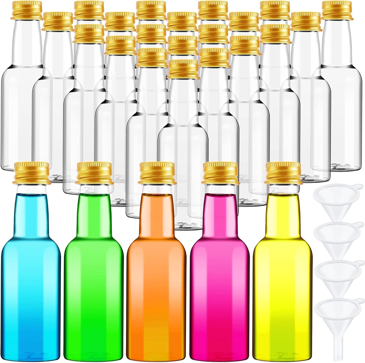 Zubebe 200 Pcs Mini Liquor Bottles 1.7 oz Plastic Empty Spirit Bottle with Screw Cap Liquid Funnel Easy Pouring(Gold)