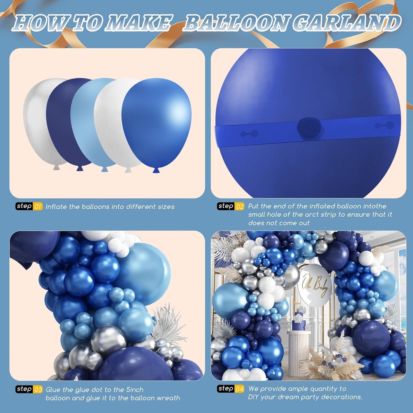 412Pcs Blue Balloon Arch Kit,5 10 12 18 inch Blue Balloon Garland with Metallic Dark Blue Silver Balloons for Baby Shower Graduation Birthday Wedding Party Decorations