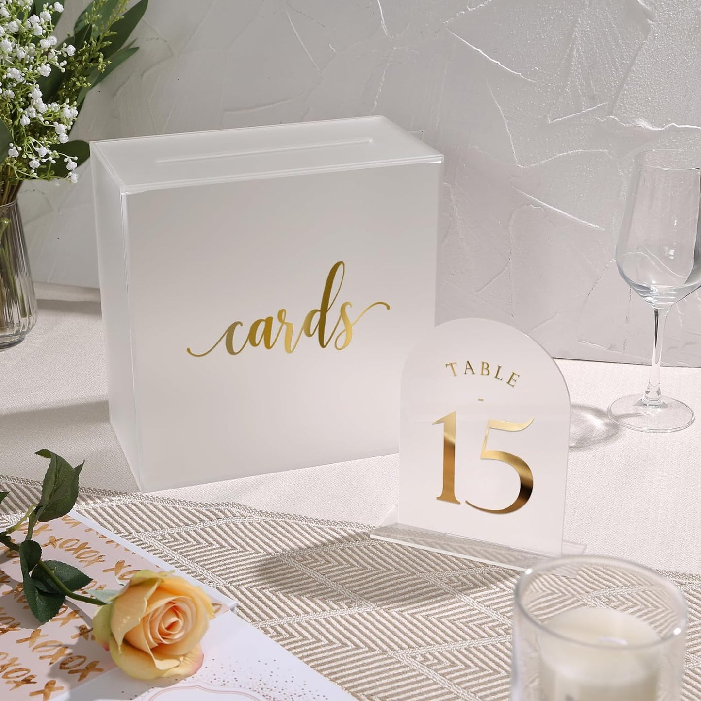 UNIQOOO Frosted Arch Wedding Table Numbers 1-15 w/Stands, Gold Foil Printed 5x7 Acrylic Display Signs &Holders, Pack of 15, Perfect for Centerpiece, Reception, Decoration, Party, Anniversary, Event