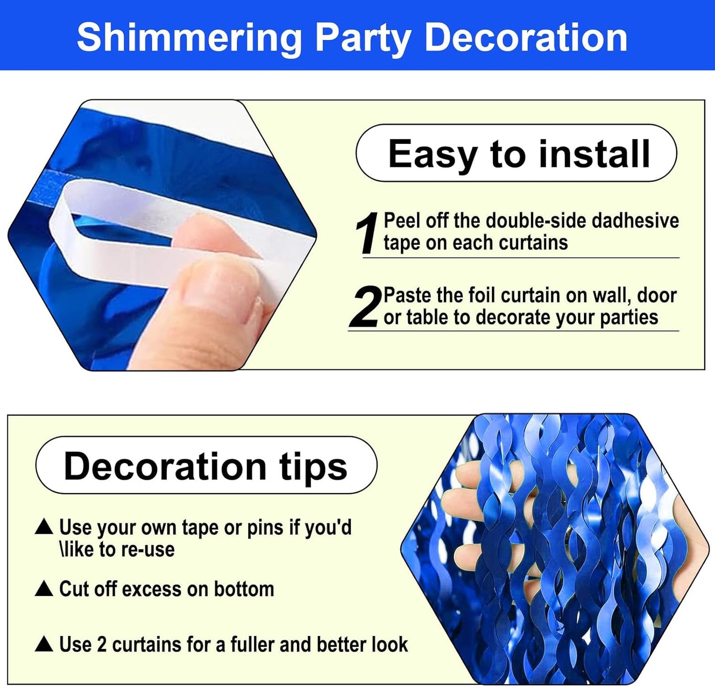 4 Pack Blue Wave Foil Fringe Curtain Backdrop, 3.28Ft x 8.2Ft Metallic Tinsel Foil Fringe Streamer Curtains for Photo Booth, Mother's Day, Easter, Birthday, Wedding Party Decoration