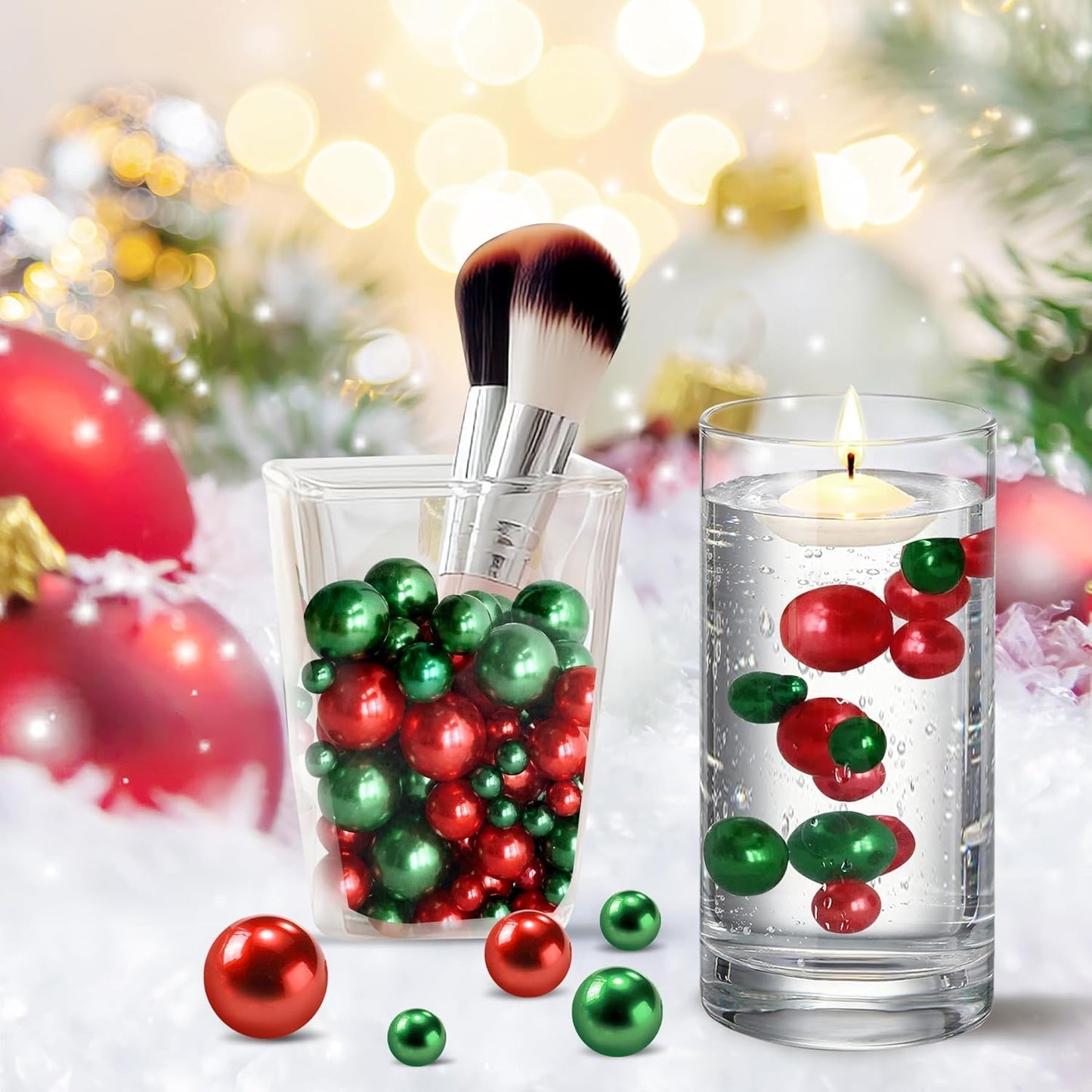 300Pcs Red&Green Polished No Hole Pearl Beads Vase Filler, Christmas Vase Filling Decorations, Plastic Pearls, Table Scatters, Wedding Home Decor, 8/14/20 mm