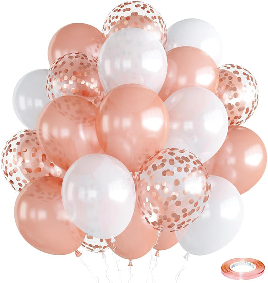 Rose Gold & White Balloons - Pack of 30, 12 Inch Pearl Rose Gold & White Confetti Latex Party Balloons for Girls, Women, Wedding, Birthday, Valentine's Day, Bridal Shower Decoration