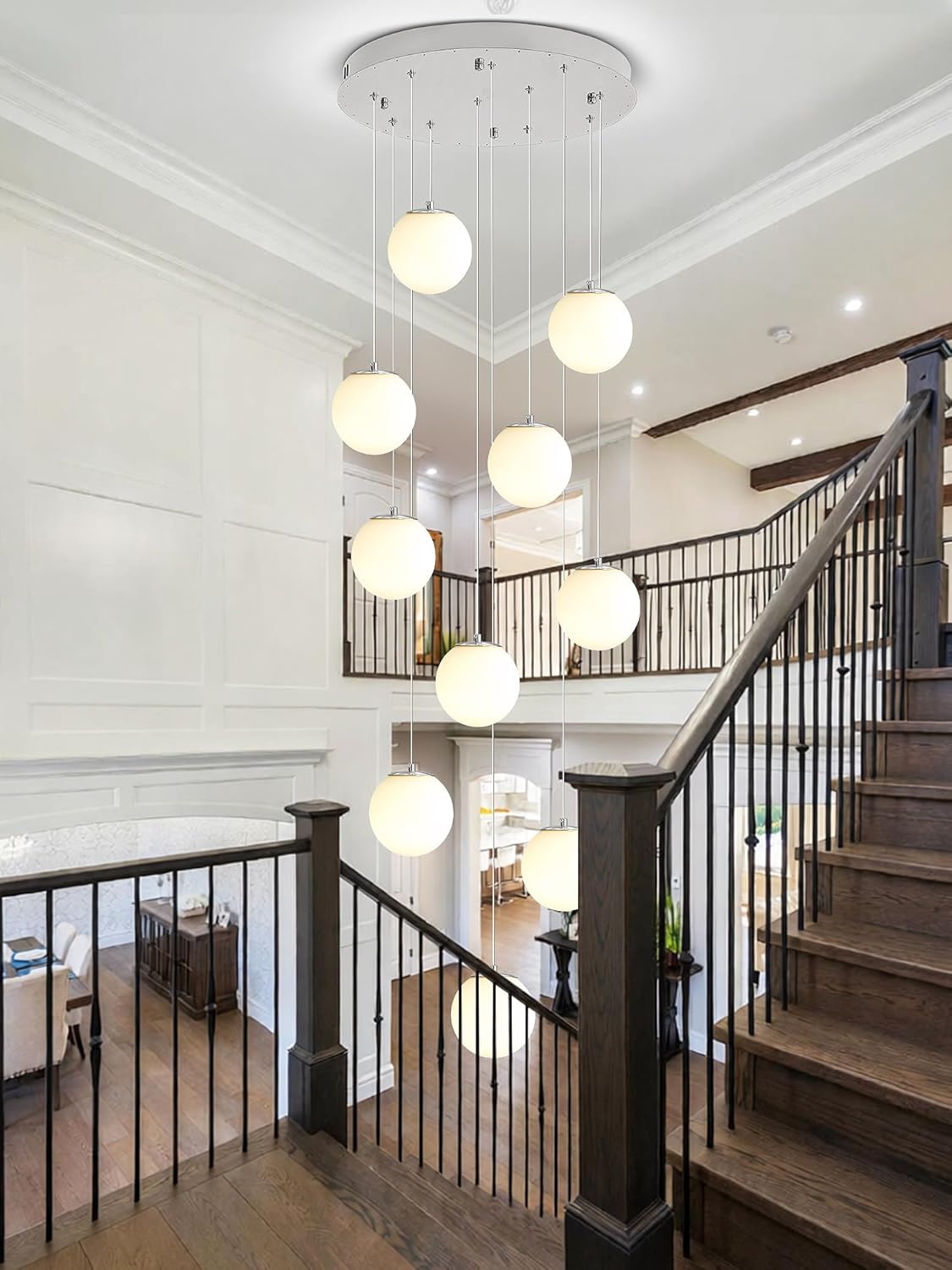 H118 Large Chandeliers for High Ceilings,12-Lights Mid Century Globe Chandelier Silver Modern Globe Pendant Light for Entryway Villas and Stairs