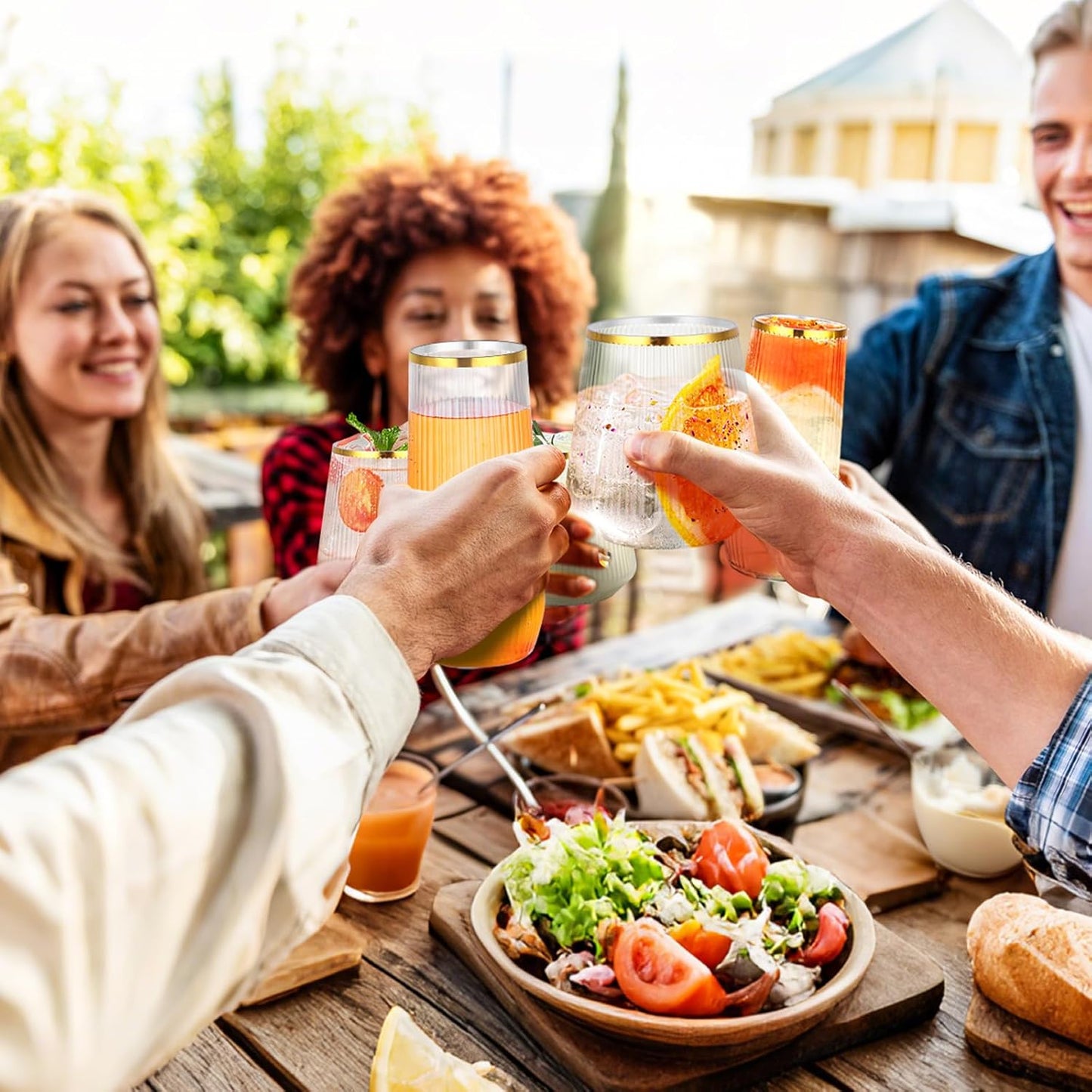 mwellewm 48 Pcs Plastic Wine Glasses Disposable, Cocktail Glasses Set 9 OZ Stemless Champagne Flutes 12 OZ Ribbed Origami Ripple Reusable Party Cup for Wedding Home Office Bar Drinking(Gold Rim)