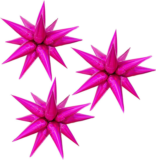 3pcs 26-Inch Iridescent Pink Explosion Star Mylar Balloon - Spike Cone for Birthday, Wedding, Bachelor Party Decorations