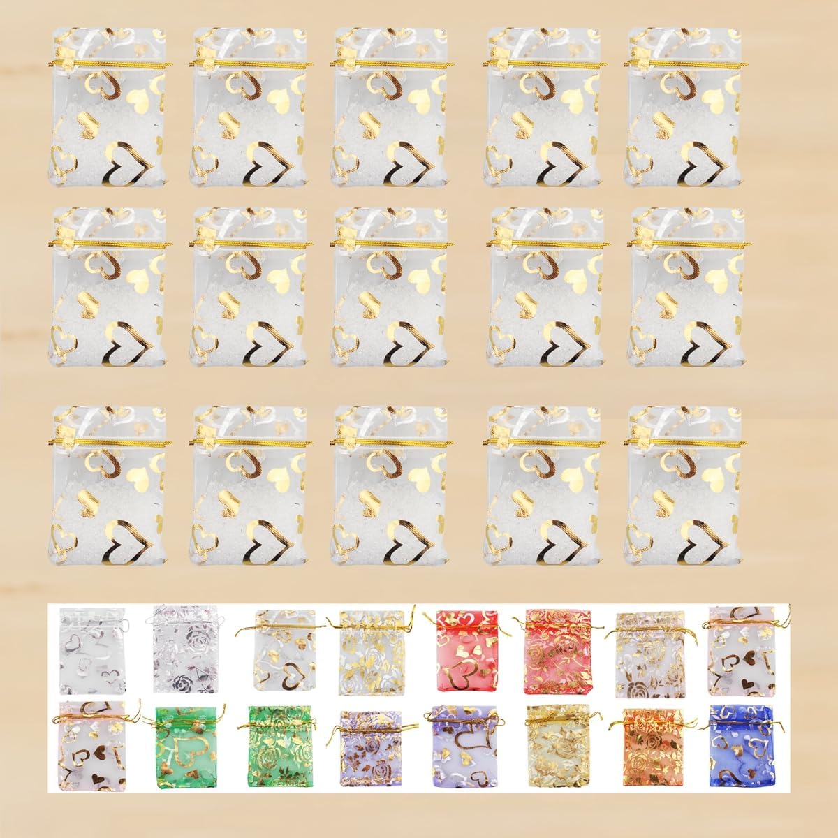 QIANHAILIZZ 100 Pack 2.8 x 3.5 Inch Flower Heart Organza Jewelry Gift Pouch Candy Pouch Drawstring Wedding Favor Bags B511S (white gold heart)