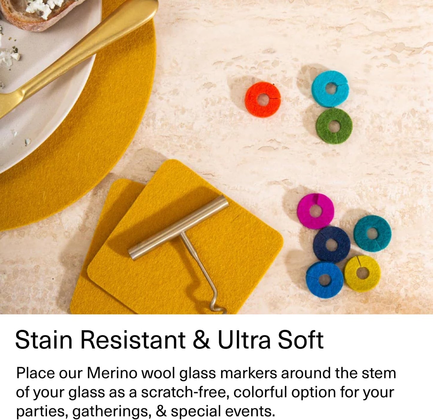 Graf Lantz - Wine-Ote's Merino Wool Wine Glass Charms (Joy) 7 Count - Drink Markers with Note Card - Reusable - 7 Colors - Boho Style - Home Decor, Party Favors & Vacation Essentials - 5mm Felt