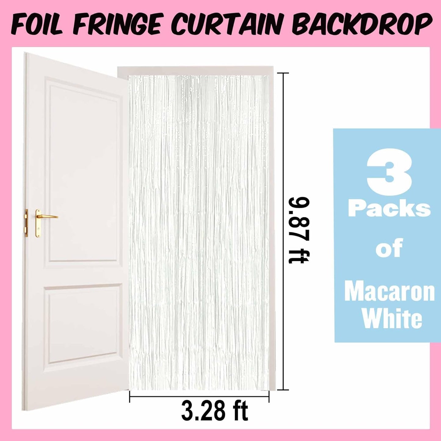 3 Pack Macaron White Foil Fringe Curtains Backdrop, 3.28 x 9.8 Ft Metallic Streamers Tinsel Curtains Background for Photo Booth, Birthday, Halloween, Christmas, New Year Party Decorations