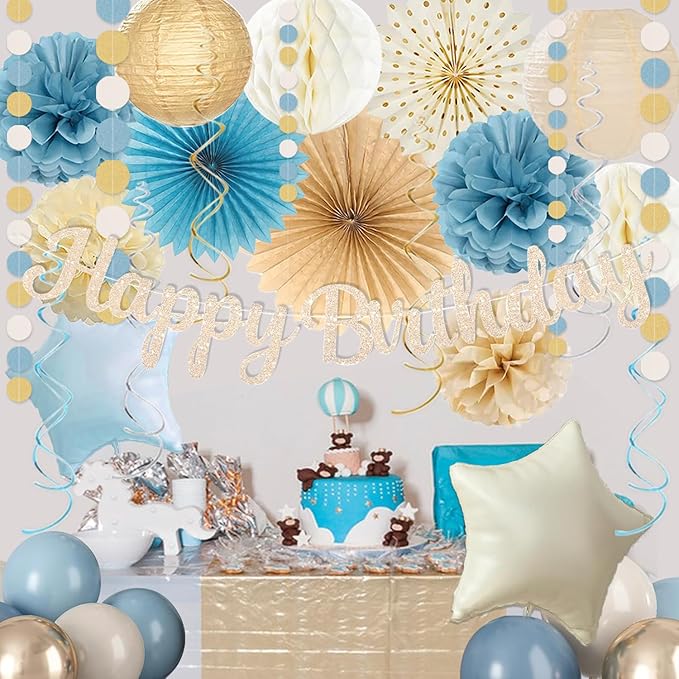 Dusty Blue Beige Champagne Women Birthday Decorations, Boho Neutral Boys Girls Blue Party Décor With Fog Cream Gold Balloons,Happy Banner Garland,Paper Lanterns, Honeycomb Tissue Pom Poms For Adults