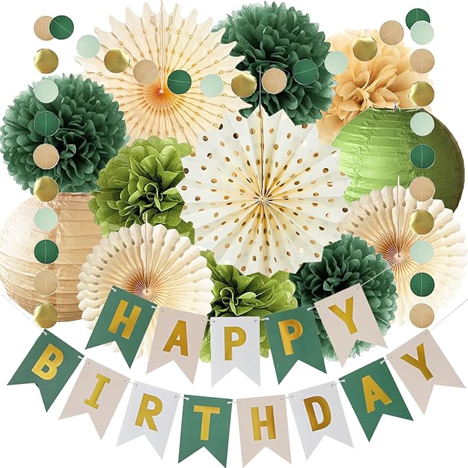 Green Birthday Party Decorations Olive Green Birthday Cream Tissue Pom Poms Paper Lanterns Circle Garland Hanging Paper Fans for Girls Women Neutral Boho Birth Day Decorations