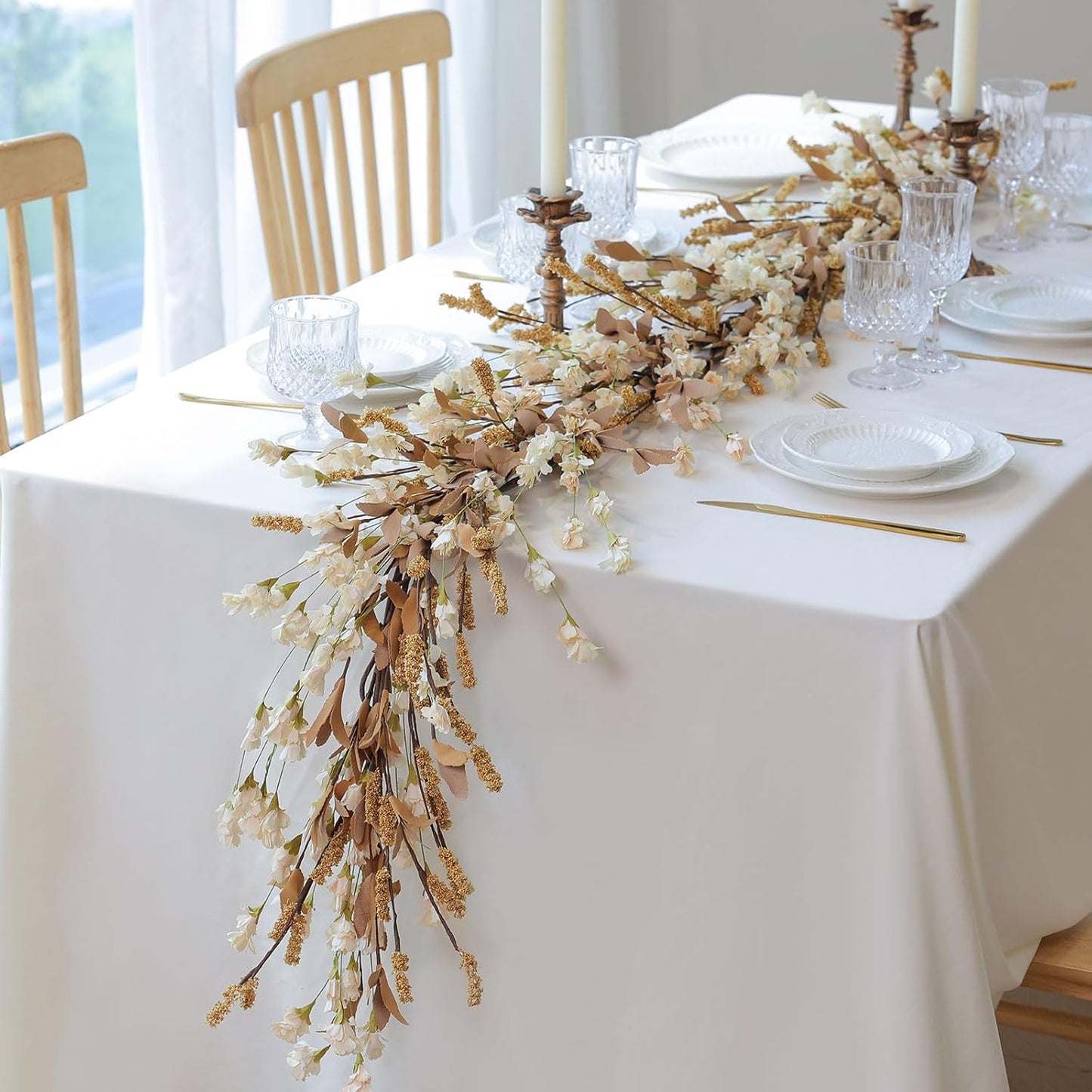 Mizii Fall Garland Artificial Flower Garlands 6 Feet Fake Wildflower Floral Garland Hanging Vines Flowers Decorations for Mantle Table Centerpieces Room Wall Fireplace Wedding Fall Decor (Beige)