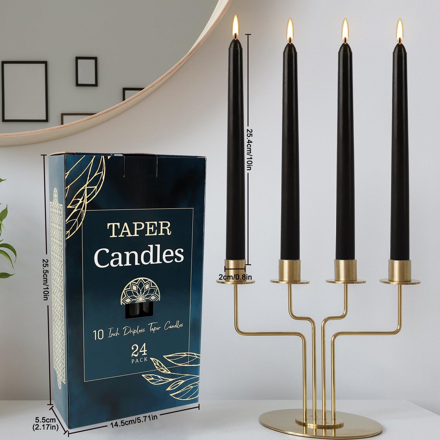 24 Pack Black Taper Candles, 7-8 Hours Burn Time, Unscented, Smokeless and Dripless, 10 Inch Dinner Candle Set for Household, Wedding, Party and Home Décor Candlesticks.