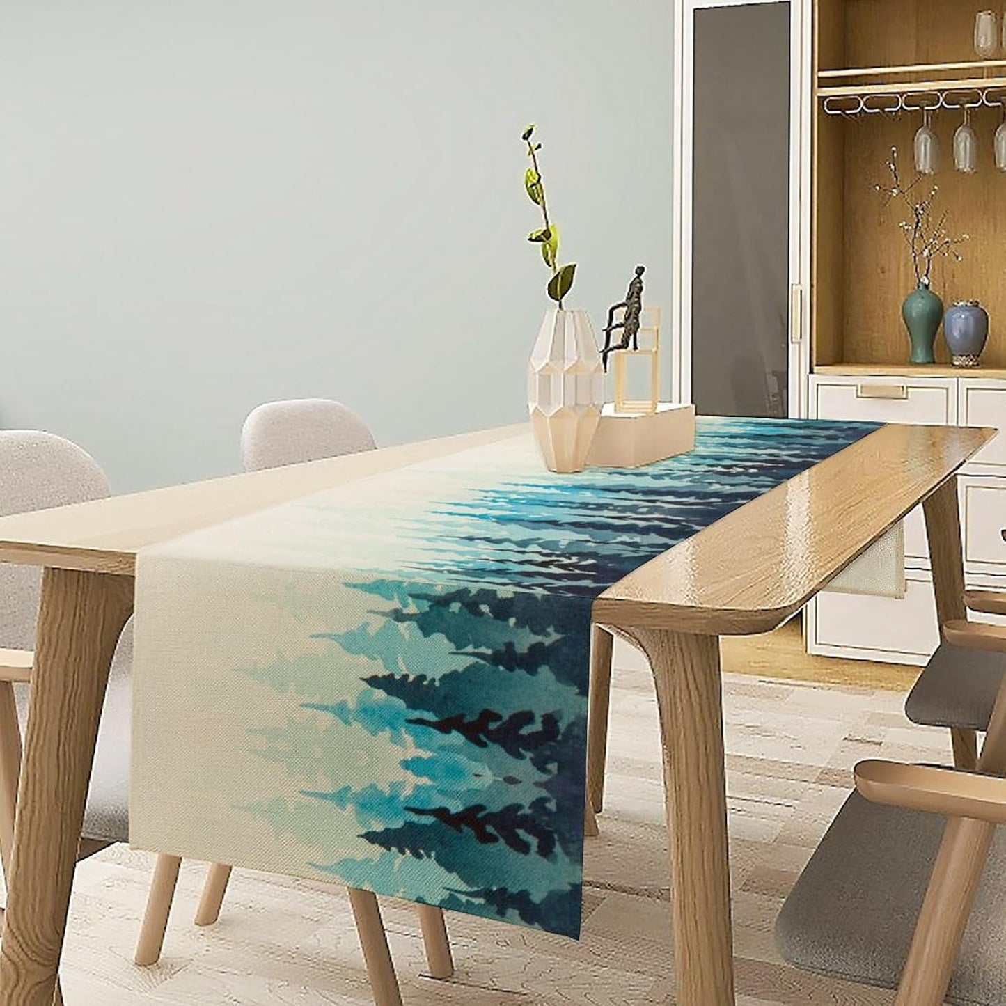 Misty Forest Table Runner,Foggy Blue Forest Landscape Table Runner for Kitchen Dining Table Home Party Decoration 13x60 Inch