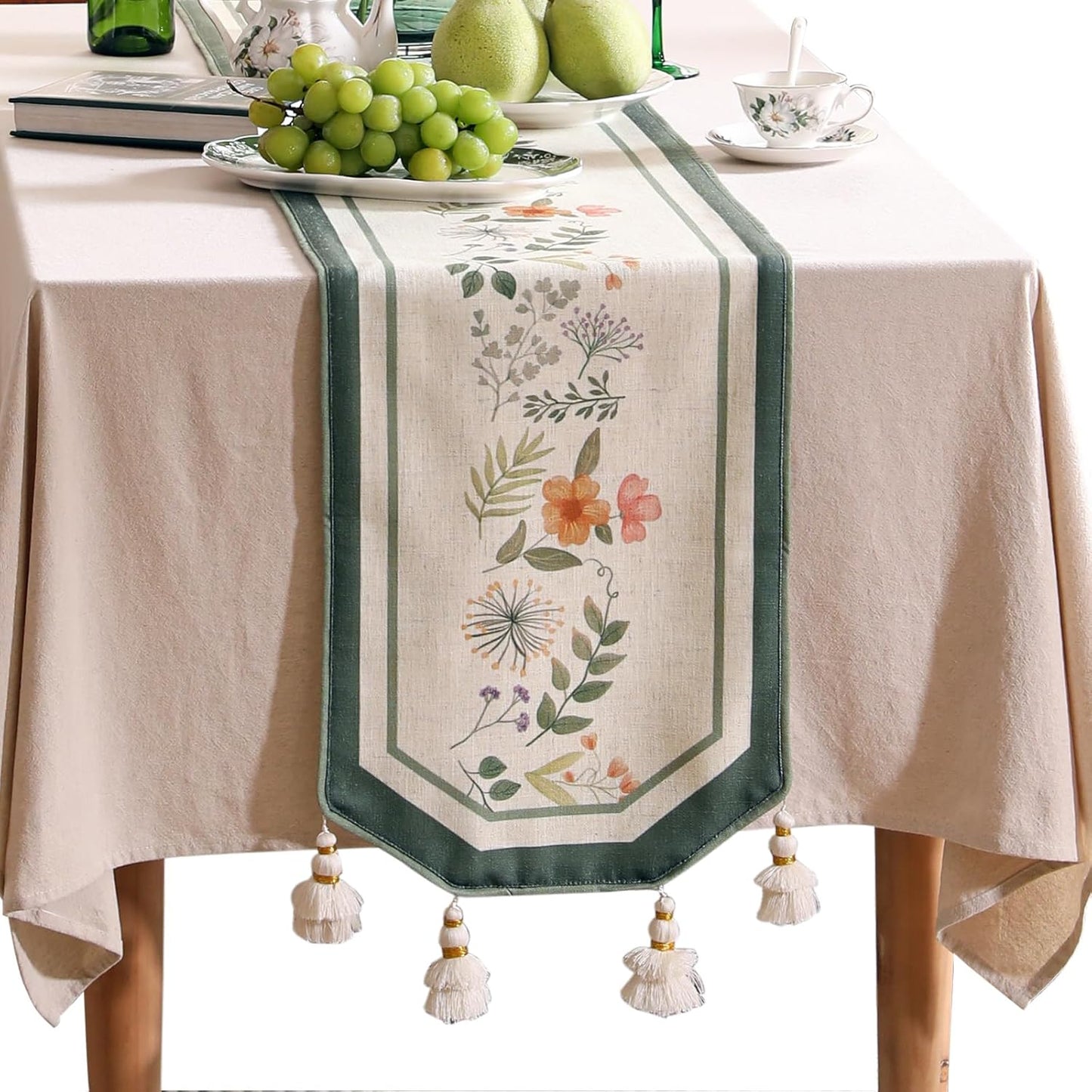 Linen Cheesecloth Table Runner,French Farmhouse Shabby Chic Floral Pattern 71 Inches Long Wrinkle Free Table Runners,Decor Tabletop for Kitchen,Dining,Party,Home,Christmas,12"*71"