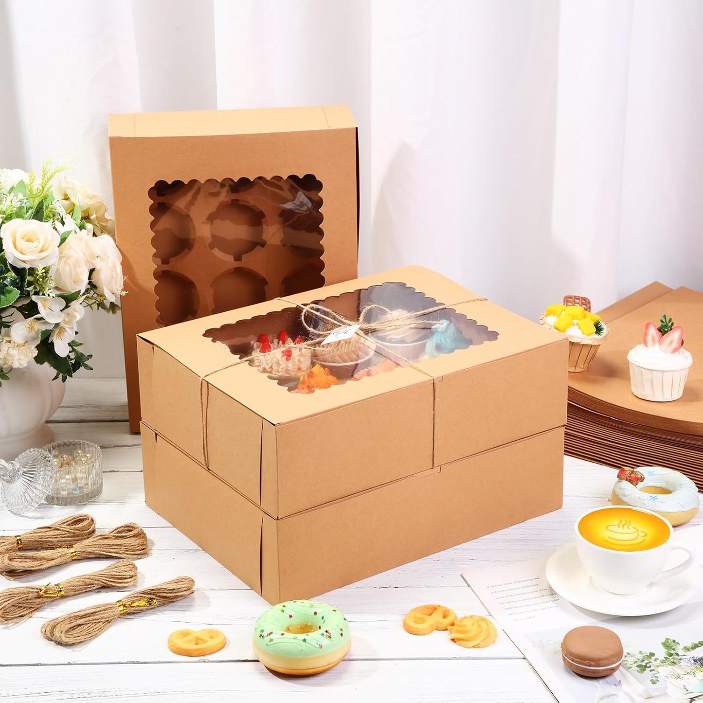 36 Pack Cupcake Boxes Hold 12 Standard Disposable Cupcake Containers with Window and Insert Cupcake Carrier with Thanks Card and Jute Rope to Muffins Cupcakes Cookies Gift Wrapping (Nature)