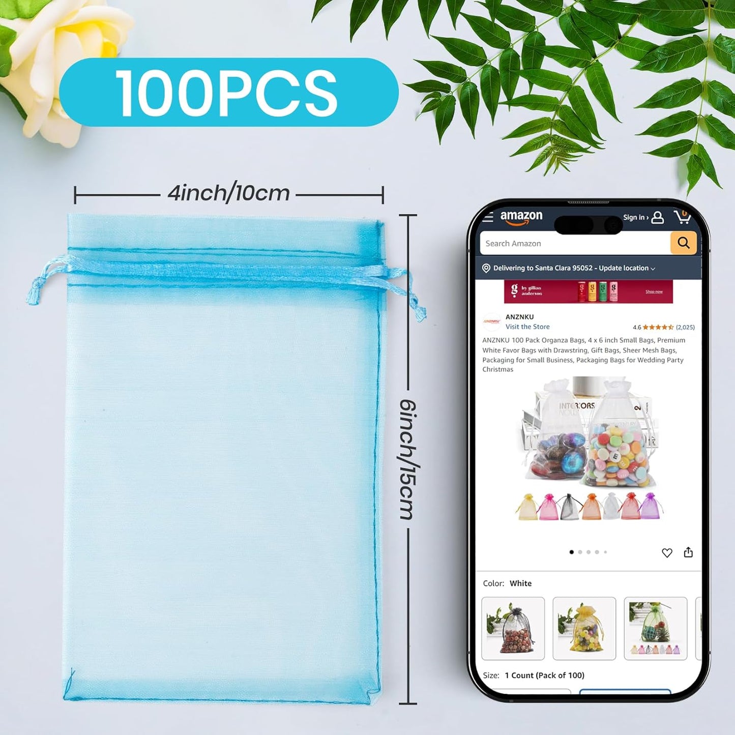 ANZNKU 100 Pack Organza Bags 4x6 Inch, Small Mesh Bag Drawstring Organza Gift Bags for Baby Shower, Party Favors(Lake Blue)