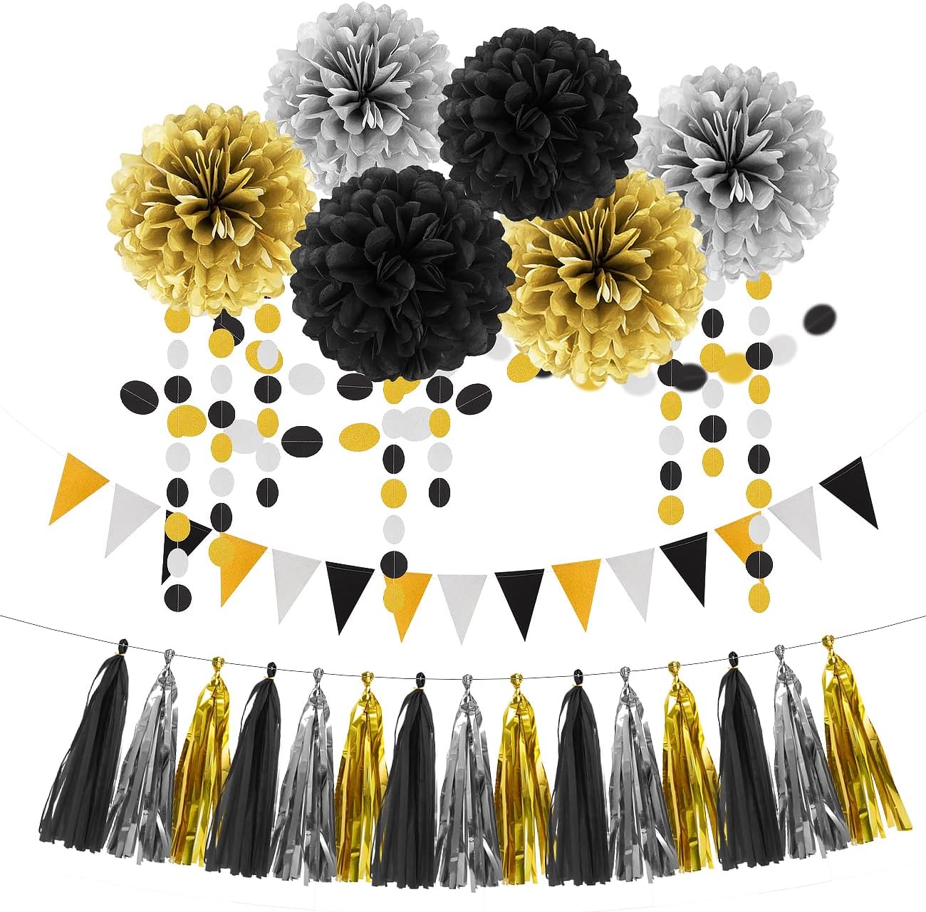 Silver Black Gold Party Decorations - 23pcs Tissue Paper Flowers Pom Poms Tassel Garland Pennant Banner Flags Streamers Birthday New Years Eve Retirement Graduation Classroom Hanging Decor Supplies