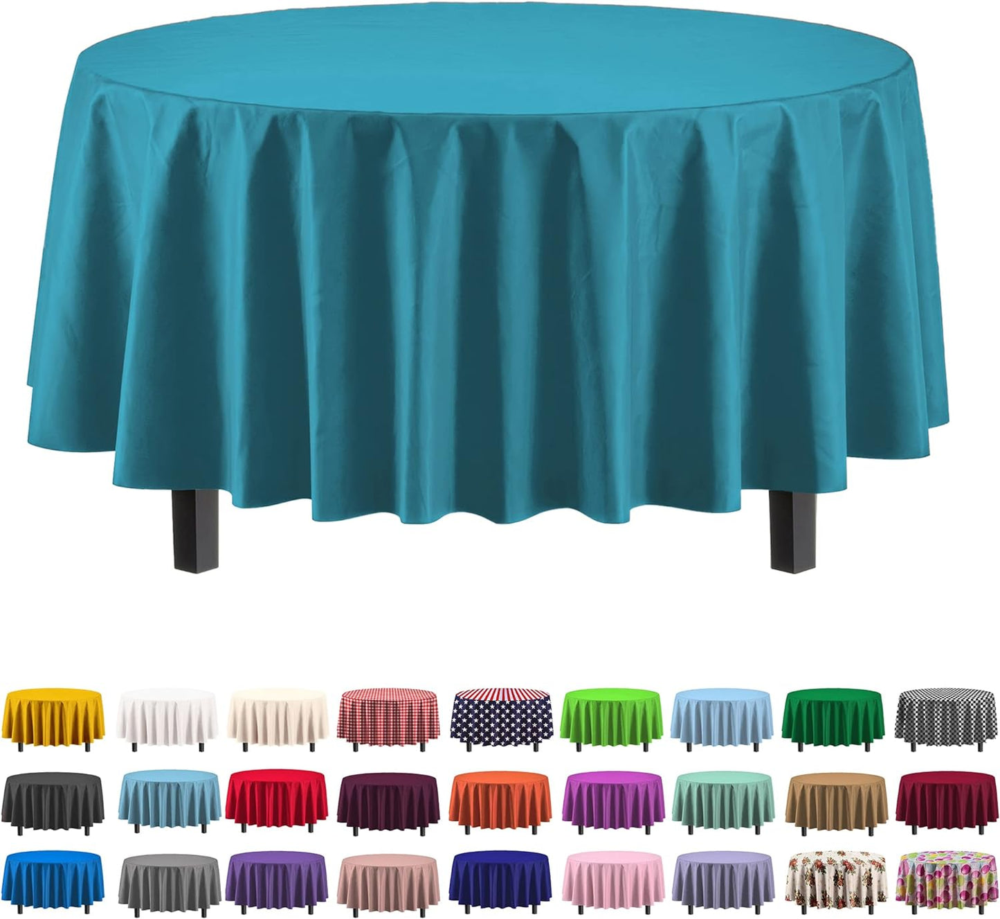 Party Solids Pack Of 12 Premium Plastic Tablecloth 84 Inch Round Table Cover - Turquoise
