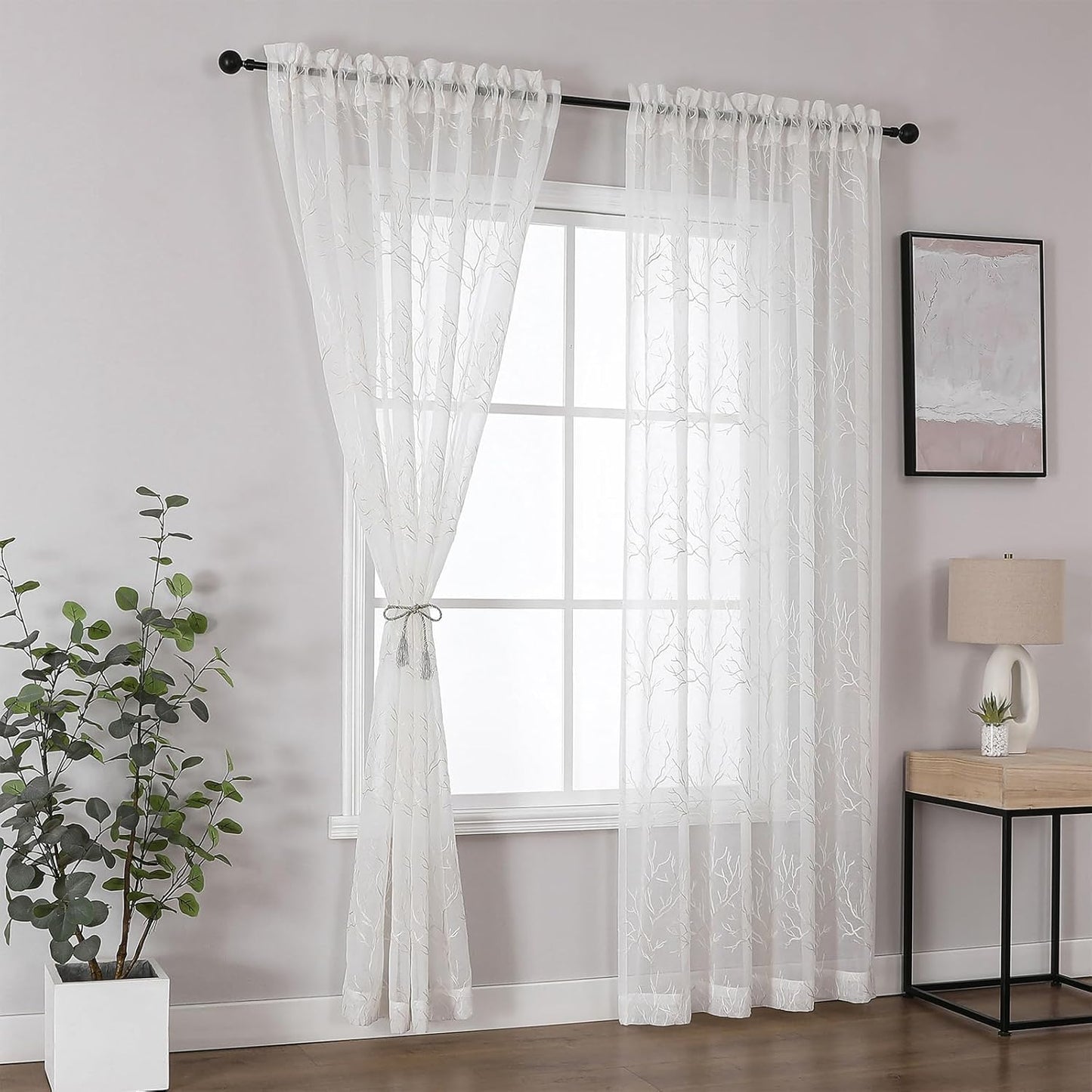 VISIONTEX Sheer Curtains 95 inch Length 2 Panels Set, Decorative Beige Coral Embroidery, Rod Pocket Embroidered Window Drapes for Living Room and Bedroom, 54" x 95"