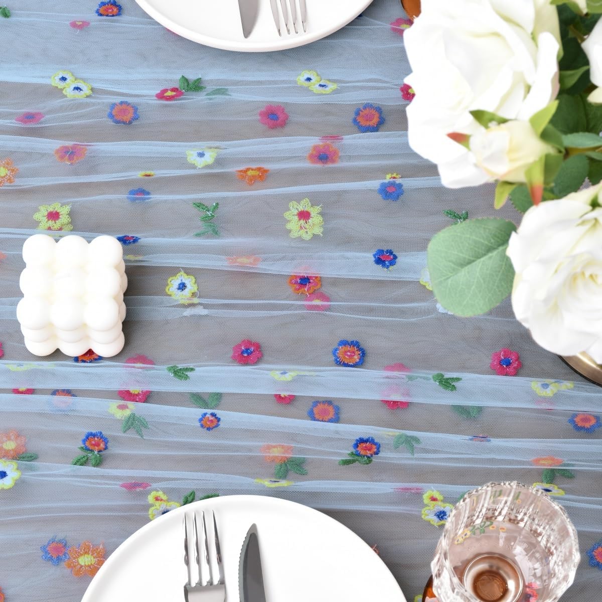 Joanlody Blue Embroidery Daisy Fall Thanksgiving Table Runner Florals Seasonal Tulle Table Runner Holiday Kitchen Dining Table Decoration Wedding Party