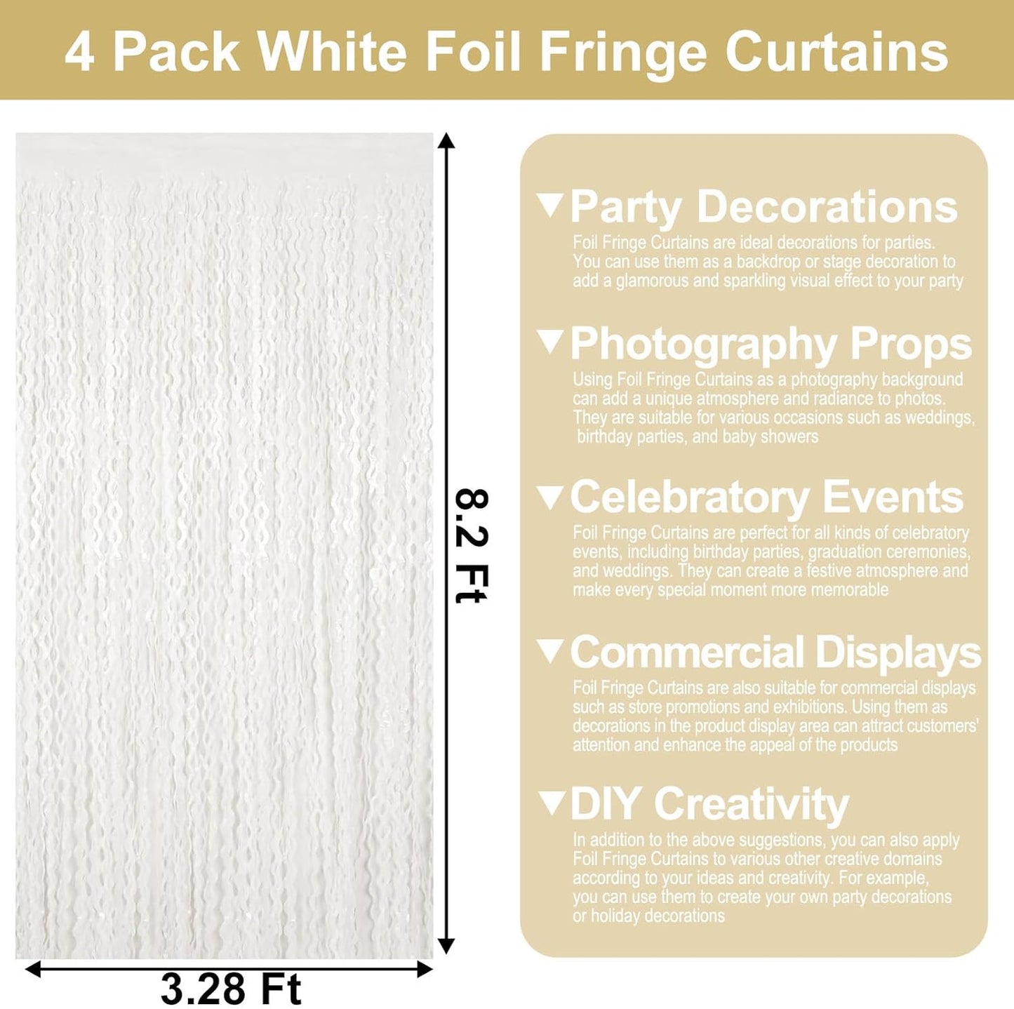 4 Pack Macaron White Wave Foil Fringe Curtain Backdrop, 3.28Ft x 8.2Ft Metallic Tinsel Foil Fringe Streamer Curtains for Photo Booth, Mother's Day, Easter, Birthday, Wedding Party Decoration