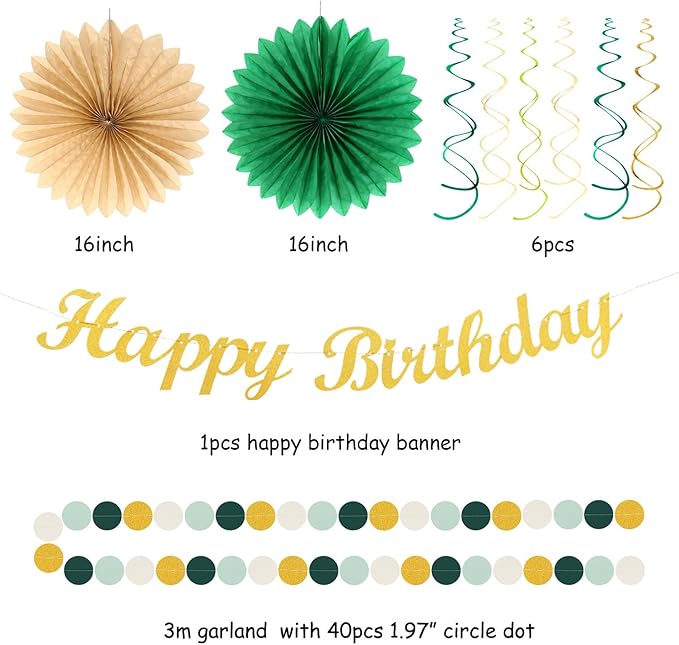 Sage Green Champagne-Gold Birthday Party-Decorations - 21pcs Happy Banner,Olive Retro Paper Lanterns Pom Poms,Rustic Boho Neutral Streamers Garland,Women Girls Boy Decor Supplies Huglony