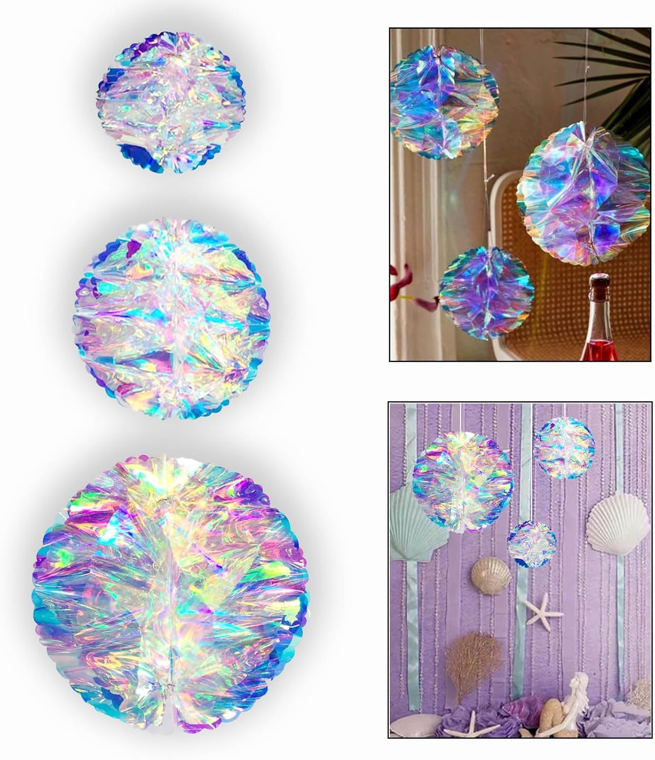 ZYOOO 3pcs Iridescent Honeycomb Balls,Shiny Rainbow Foil Ceiling Hanging Flowers for Wedding,Birthday,Theme Party Decoration(6" 8" 10")