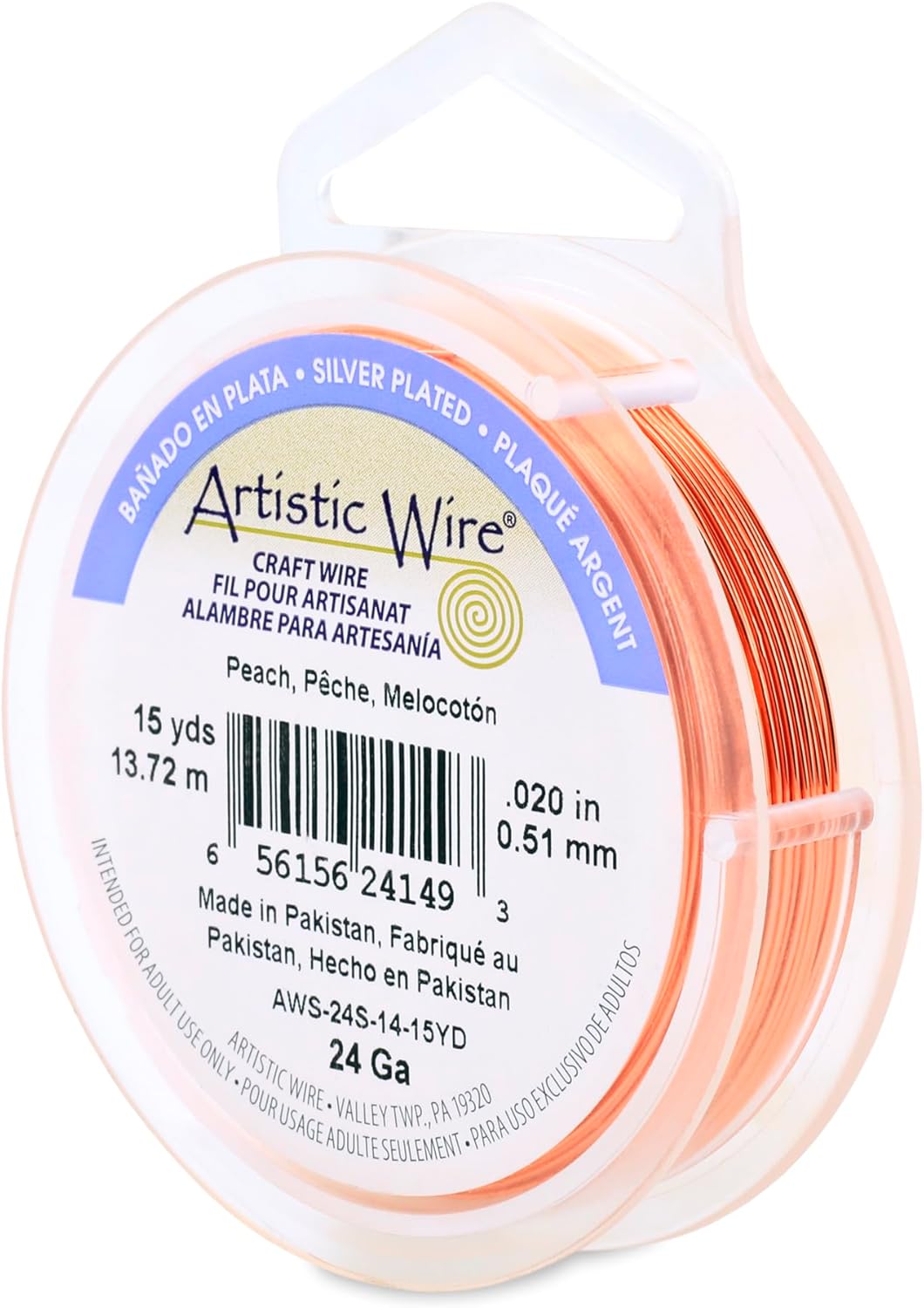 Artistic Wire, 22 Gauge Silver Plated Tarnish Resistant Colored Copper Craft Wire, Peach, 10 yd