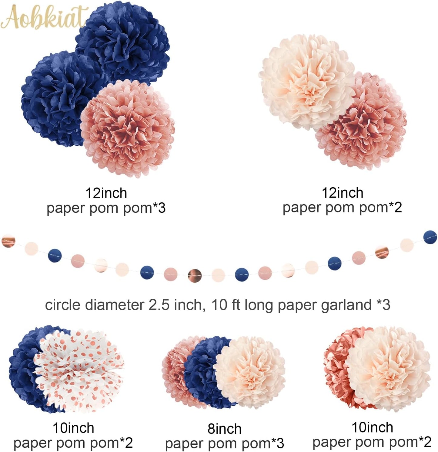 AOBKIAT Rose Gold and Navy Blue Party Decorations Set,Tissue Paper Pom Poms,Paper Garland for Women Engagement Anniversary,30th,40th,50th,60th,Birthday Party Supplies