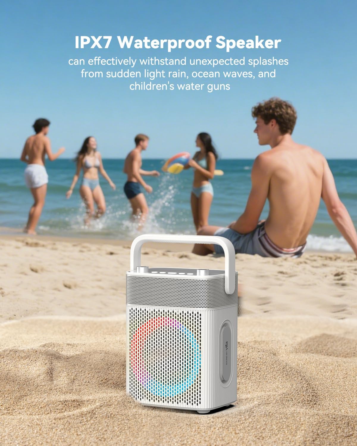 Karaoke Machine with 2 UHF Wireless Microphones with Leather Bag, IPX4 Waterproof Portable Bluetooth Speaker with Lights for Adults, Outdoor Karaoke Speaker Support Bluetooth/AUX/USB/PC (White)