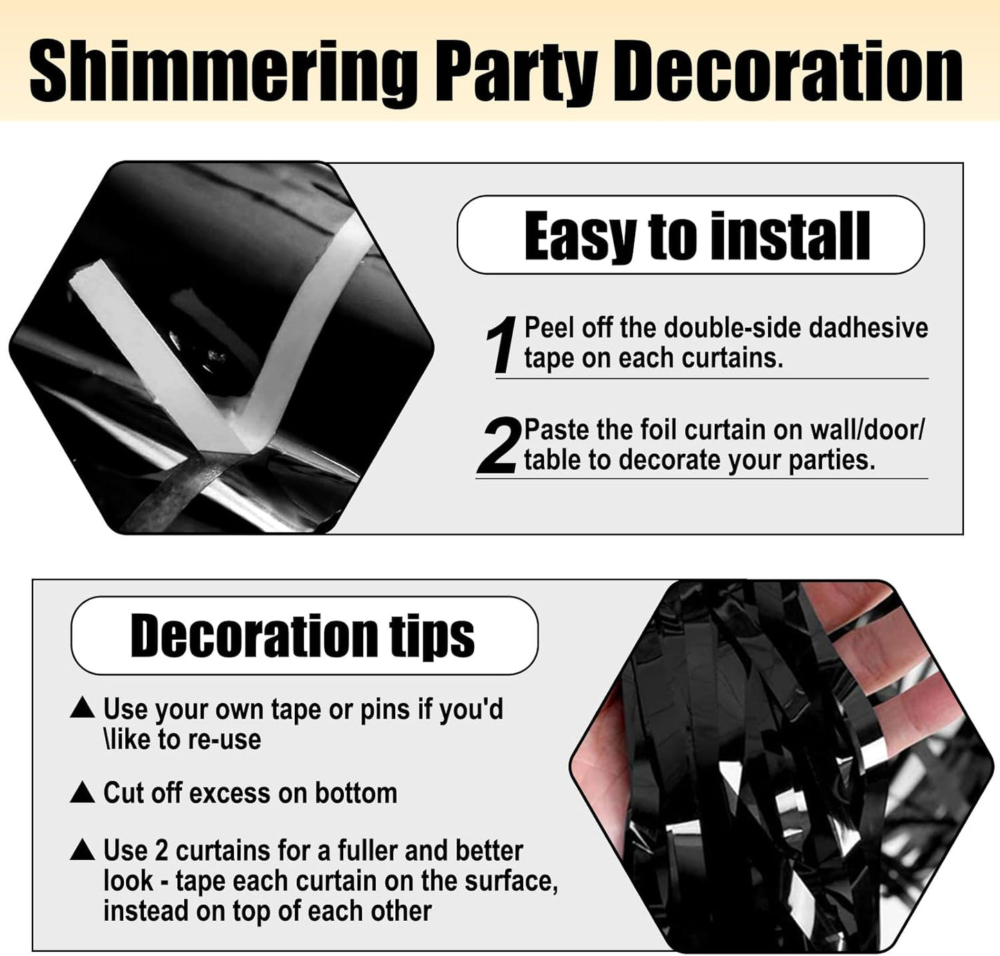 3 Pack Black Foil Fringe Curtain Backdrop, 3.28Ft x 8.2Ft Metallic Tinsel Foil Fringe Streamer Curtains for Photo Booth, Christmas Day, Thanksgiving, Wedding, New Year Party Decorations