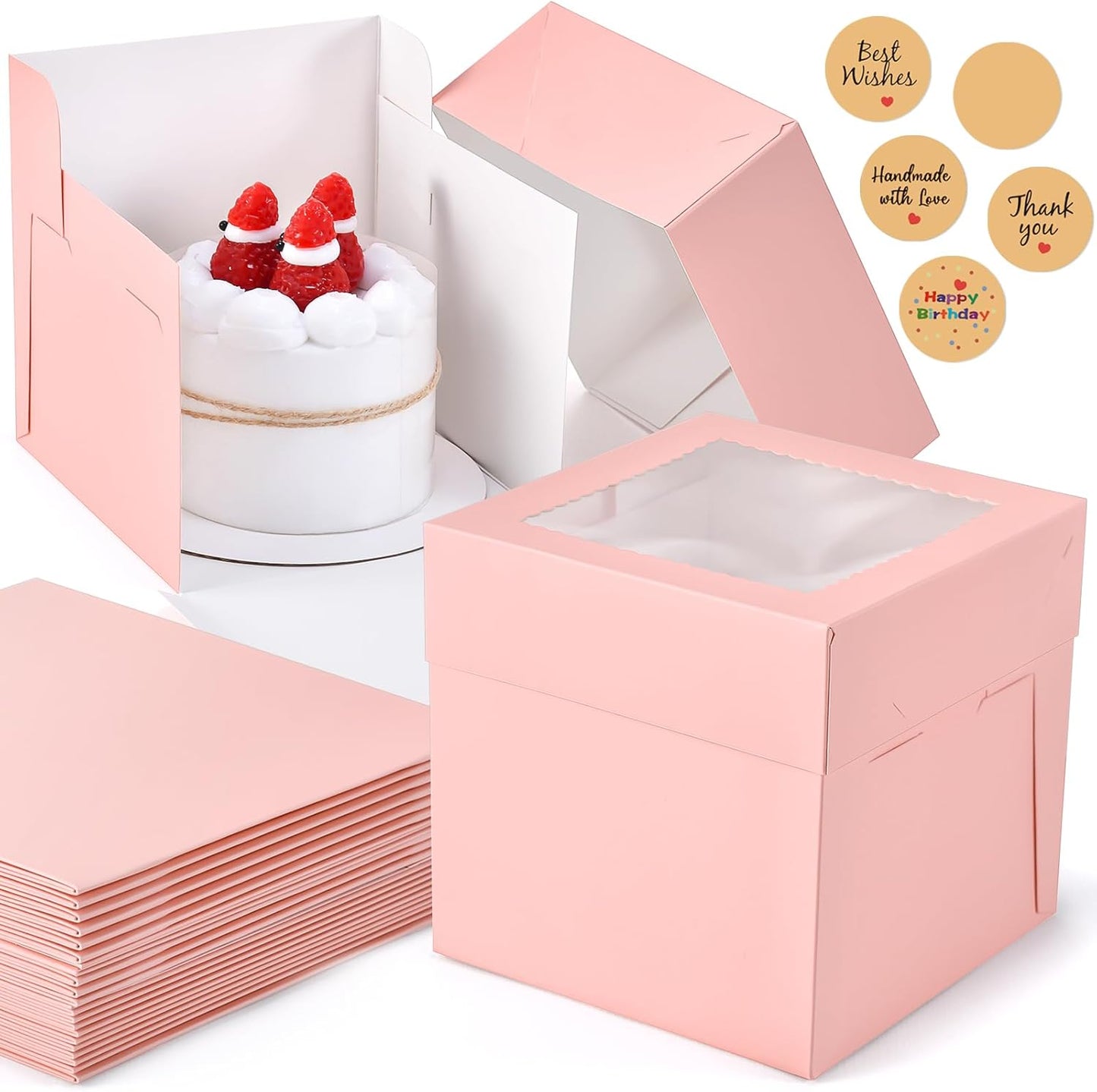 12Pcs 6x6x6 Inches Small Cake Boxes, Pink Square Bakery Boxes with Window, Mini Cake Containers for Pastries, Cookies, Chocolates, Cupcakes, Birthday Party Cajas Pasteles