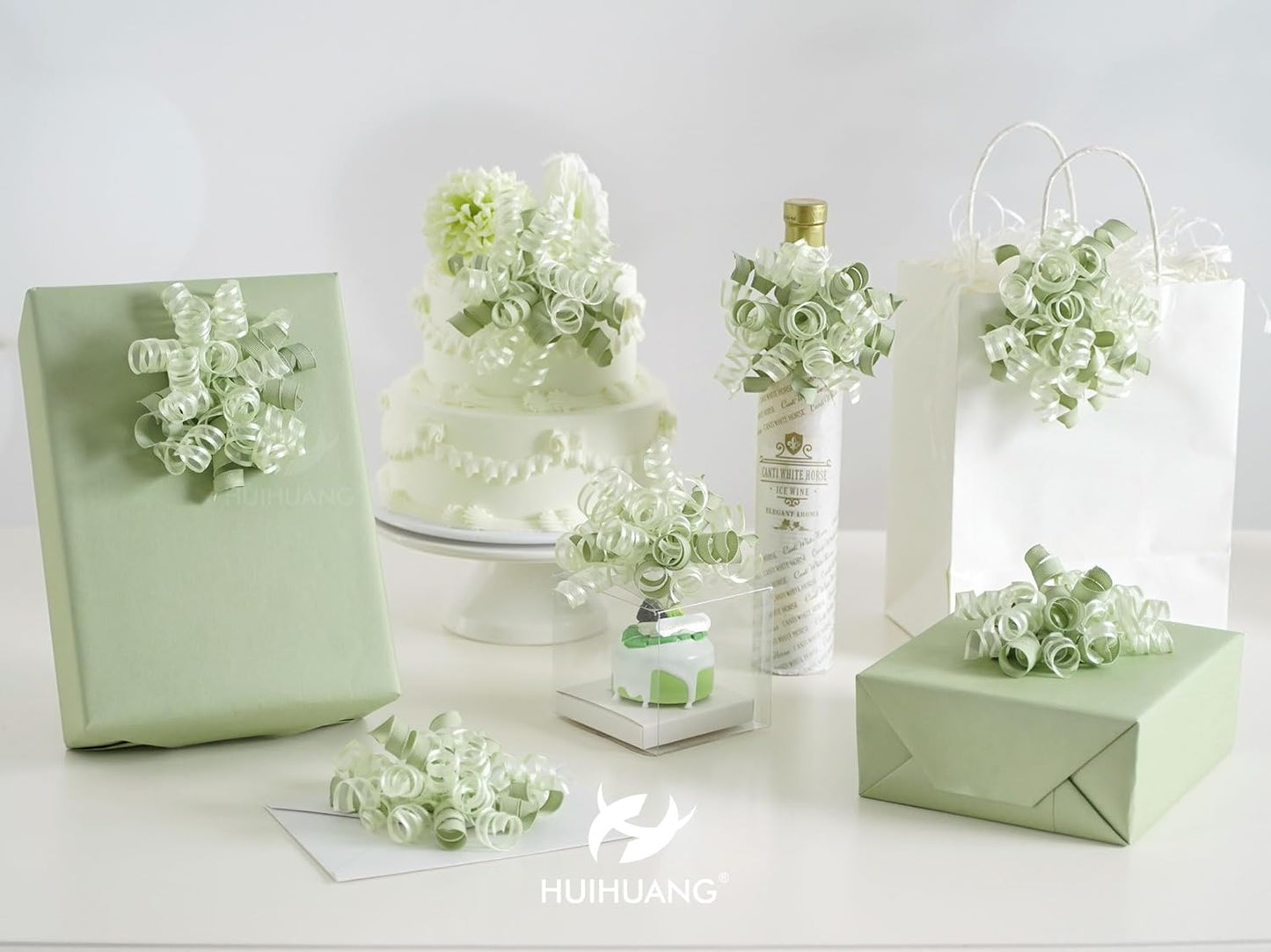 HUIHUANG Green Bows for Gift Wrapping Sage Green Gift Bows 5 inch x 8 Counts Self-Adhesive Curly Ribbon Bow for Presents, Paper Bag, Baby Shower Favors, Wrapping Accessories, Wedding Decor