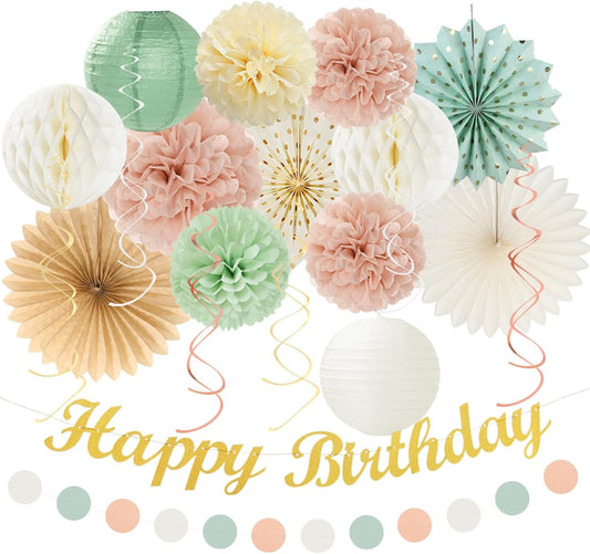 Sage-Green Blush-Pink Beige Birthday Party-Decorations - 21pcs Happy Banner,Cream Light Dusty Pink Paper Lanterns Pom Poms,Rustic Boho Neutral Streamers Garland,Women Girls Decor Supplies Huglony