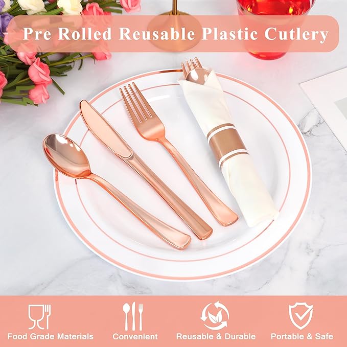 50 Pack Pre Rolled Rose Gold Plastic Silverware Set,Wrapped Plastic Cutlery Set with Napkin Include 50 Forks,50 Spoons,50 Knives and 50 White Napkins for Party,Wedding