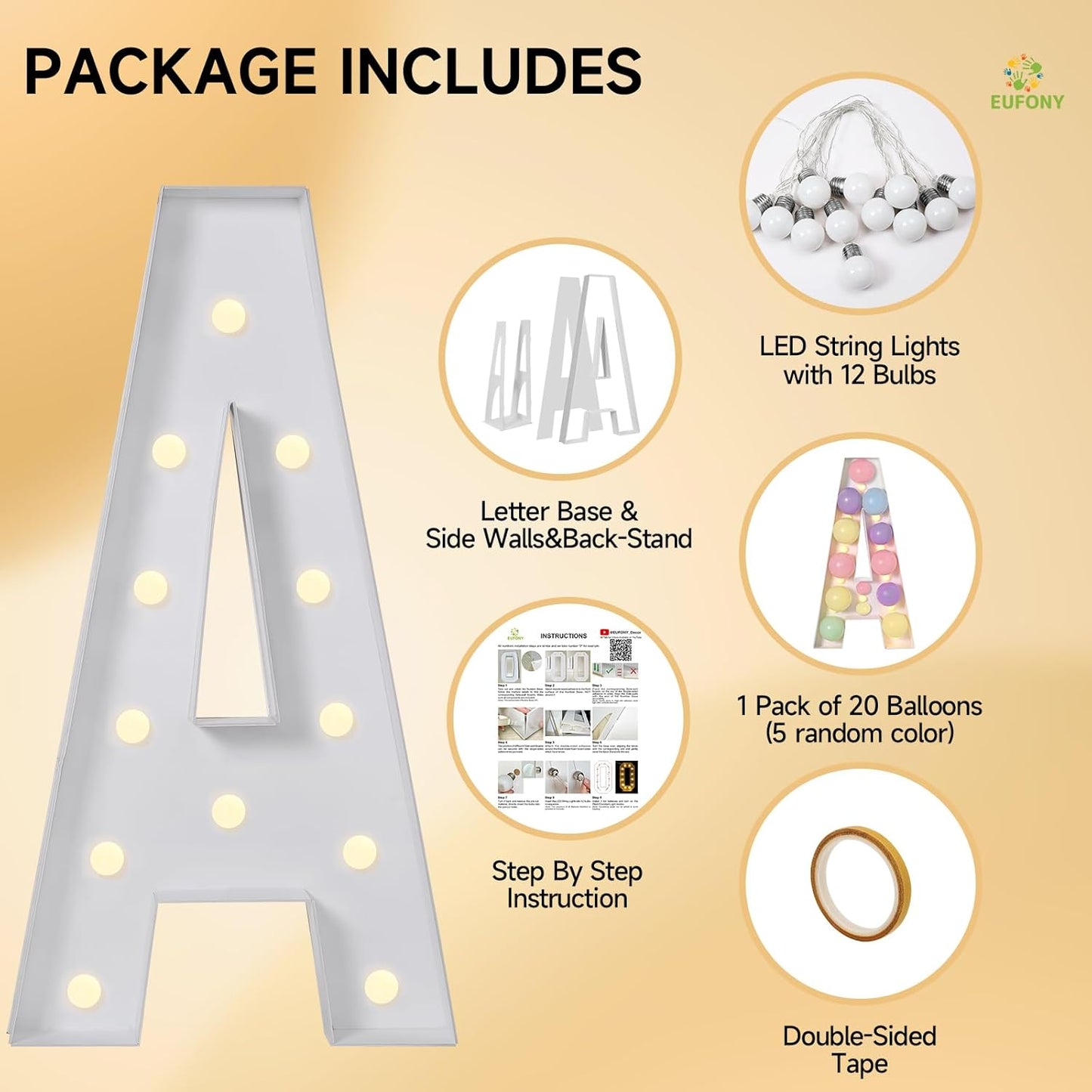 EUFONY Marquee Letters 4 Feet Tall, 4 FT Marquee Light Up Letters, Giant Light Up Letters 4FT for Birthday Party Baby Shower Gender Reveal Graduation Prom Decorations, Letter W with LED Lights DIY Kit